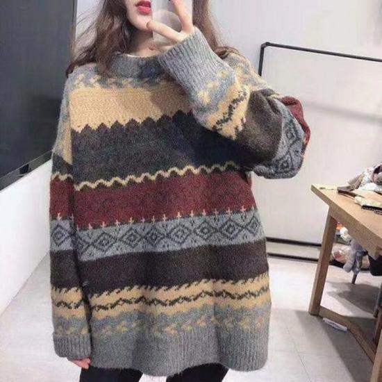 Women's Round Neck Pullover Sweater – Korean Style Retro Long Sleeve Jacket, Autumn/Winter 2020, Loose Fit.