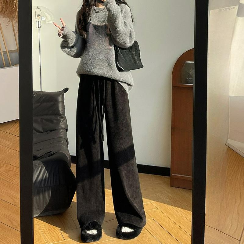Herringbone Chenille Wide-leg Trousers Ladies's Autumn and Winter Plus Velvet Trousers Are Thin, Loose Casual High-waist Straight-leg Trousers