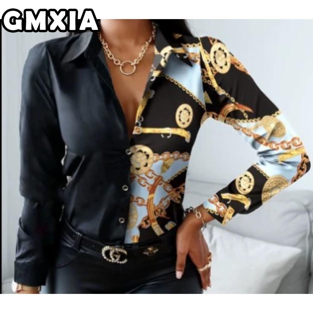 GMXIA Damenmode Lässig Freizeit Einfarbig Druck Langarm POLO Kragen Blusen & Hemden