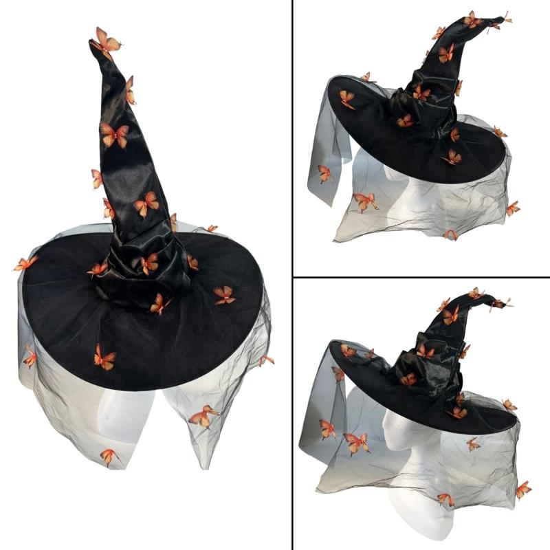 Modern Halloween Witch Hat with Butterfly Applique Women Lady Halloween Party Hat Festival Carnivals Party Cosplay Hat