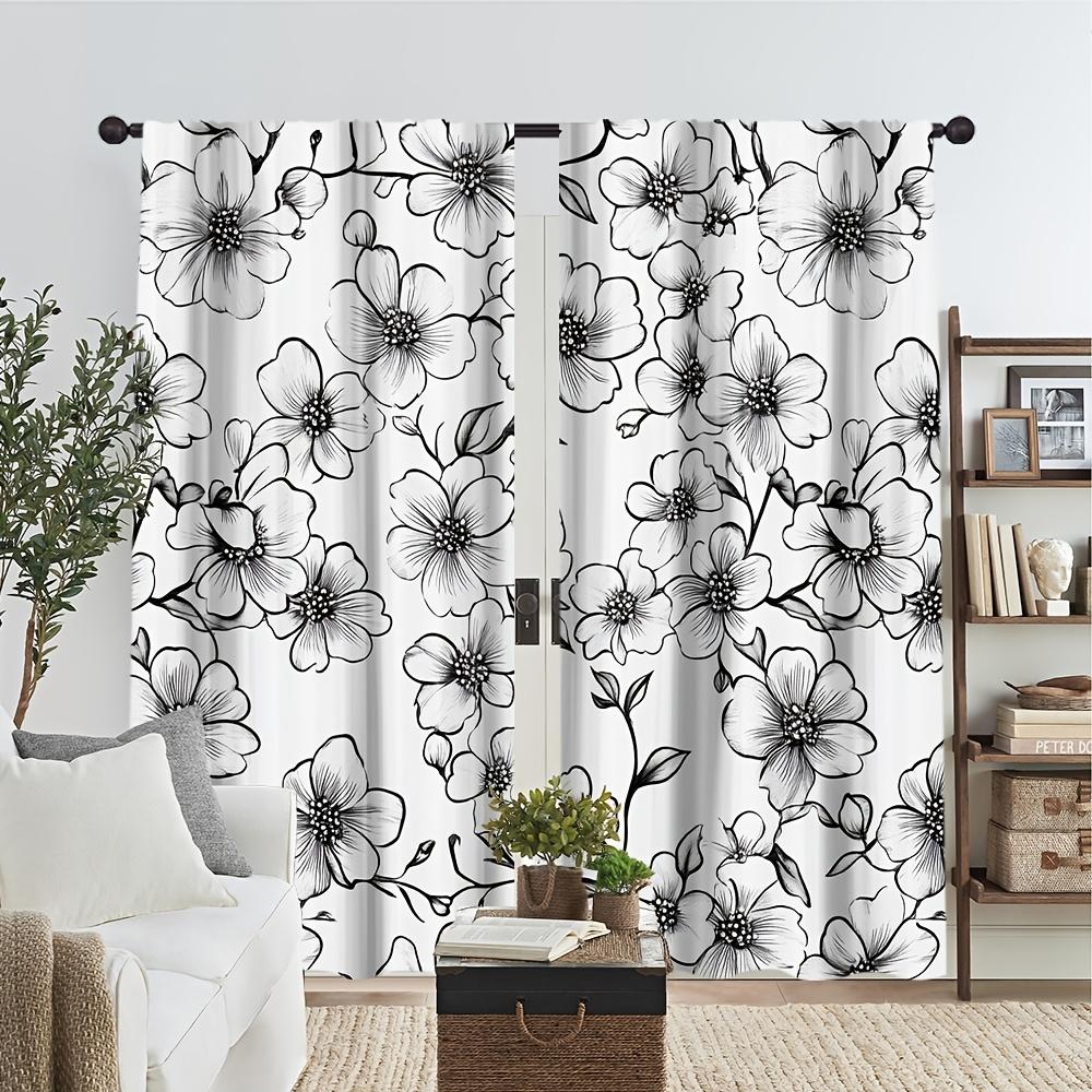 2 Pieces Black and White Floral Print Curtains   Polyester Fabric   Suitable for Bedroom   Living Room Decoration