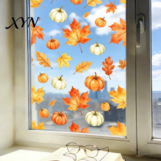 Harvest Theme Glass Decorations Watercolor Fall Static Window Clings, Maple Leaf & Pumpkin Removable Stickers, Autumn Indoor Outdoor Decor Decal