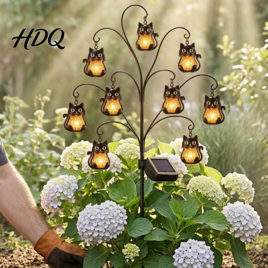 Solar Garden Lights Halloween Tree Stump Light, Powered Stake Twinkling Light Yard Stakes with Ghost Pumpkin Cat Ornaments, Vintage Glowing