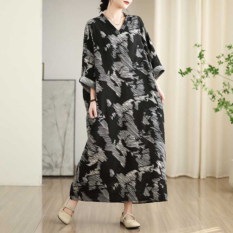 

Colorful Travel V-neck Retro Long Skirt Cotton Linen Dress One size