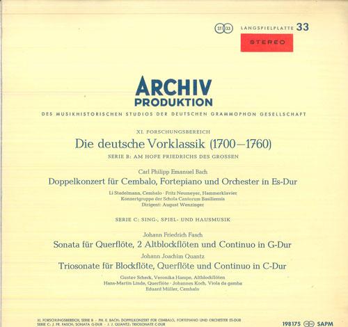 

LP Record LI STADELMANN, FRITZ NEUMEYER, AUGU - Die Sdeutsche Vorklassik 1700 - 176 198175SAPM ARCHIV PRODUKTI Germany Classical Used
