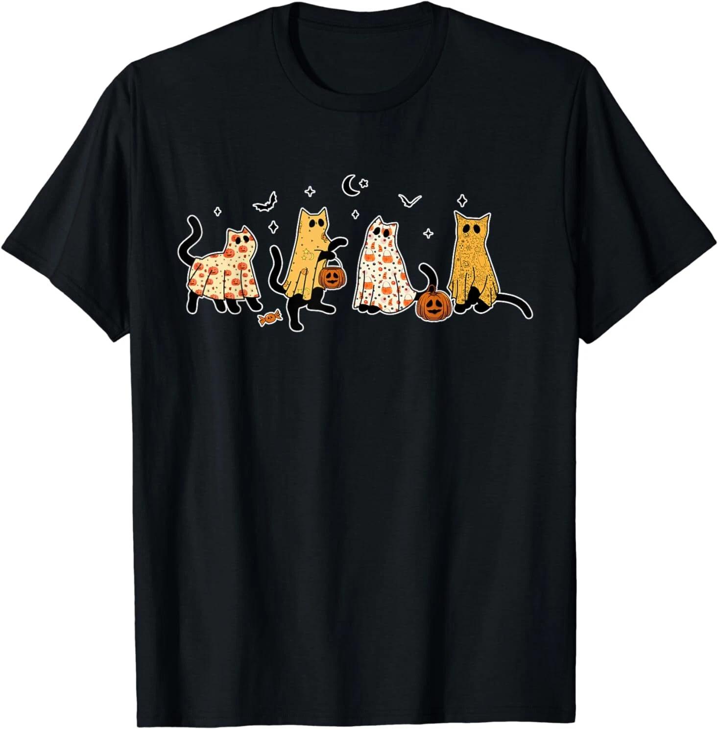 Men s and Women s T-shirts NEW Cute Black Cats in Ghost Costume Women and Men Halloween T-Shirt S-3XL XXL