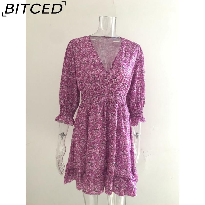 BITCED Summer Floral Print Mini Dresses Women Vintage Sexy A-Line V-Neck Half Sleeve Party Dress Female Casual Elegant Beach Dress