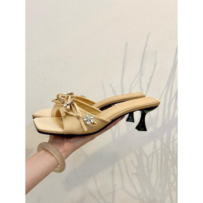 Cold and White! Temperament Satin Square Head with Rhinestone Buckle Cat and Sandals Women's Summer Stiletto Sandals