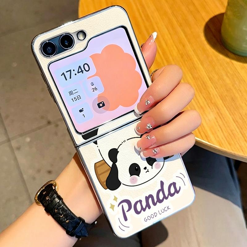 Lovely Baby Panda Print Case For Samsung Galaxy Z FlIP 7 FE 6 5 Z Flip7 Flip6 Flip5 Luxury Plating PC+PU Leather Hybrid Folding Phone Cover