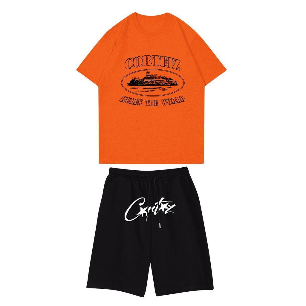 Unisex Jogging Set Summer Casual Printed Round Neck Short Sleeve T-Shirt + Shorts Set Sports Suit