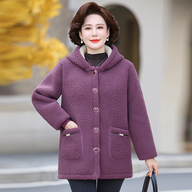 Mamas Herbst-/Winter-Kapuzenjacke aus Lammwolle für Damen, Plüsch-Samt, Verdickte warme Baumwolle für mittlere und ältere Menschen, Strukturierter Samt