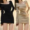 Knit Sexy Mini Dress with Long Casual Ribbed Winter [SDSXZWG] Women's Dress, Neckline, Sleeves, Off-the-Shoulder, Sweater, Knit, Elegant, Spring,