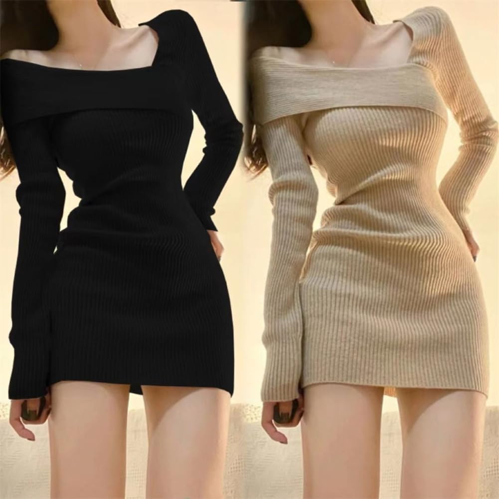 Knit Sexy Mini Dress with Long Casual Ribbed Winter [SDSXZWG] Women's Dress, Neckline, Sleeves, Off-the-Shoulder, Sweater, Knit, Elegant, Spring,