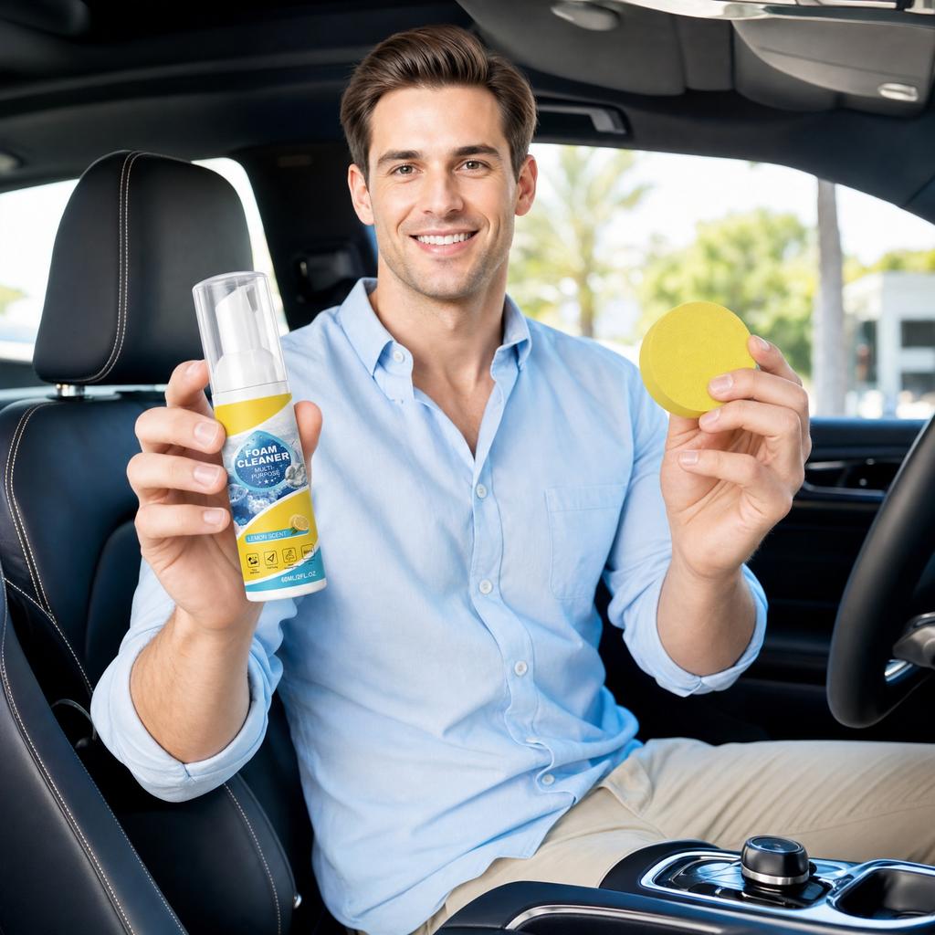 Detergente Schiumogeno Multiuso 60ml Spray per Pulizia Interni per Tappezzeria Cruscotto Sedile e Superfici in Tessuto per Auto con Spugna e Panno