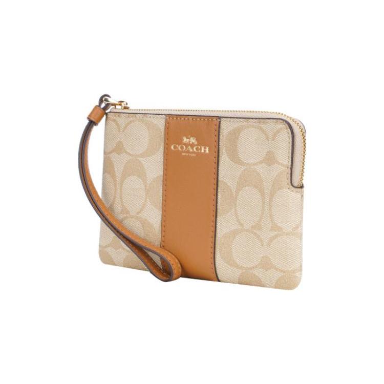 New COACH Corner Zip Canvas With Leather Canvas Bag Mahjong Clutch Wrist Bag Small Size Women's Brown & Khaki Monogram 58035-IMNLJ