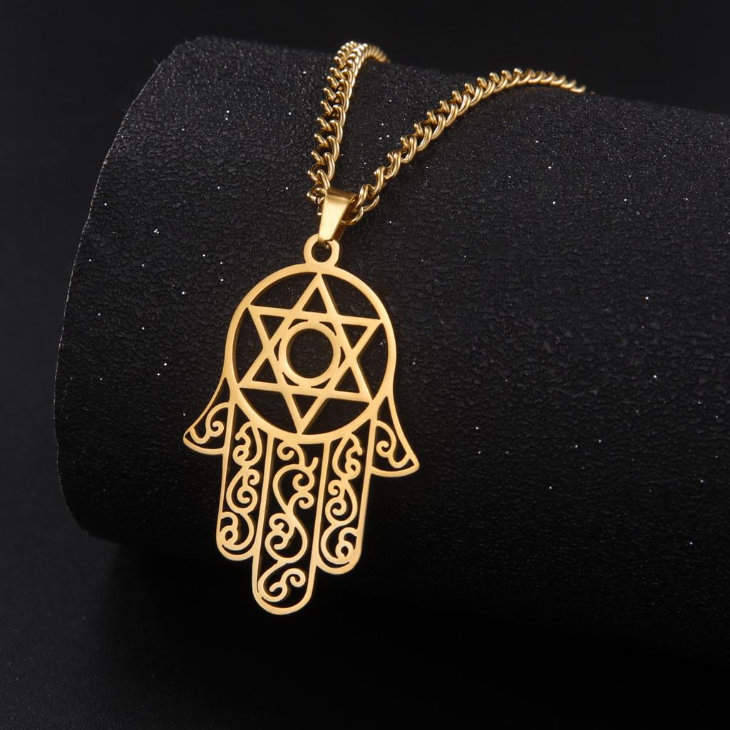 LIKGREAT Hamsa Fatima's Hand Lotus Pendant Necklace Stainless Steel Star of David Hexagram Turkish Evil Eye Choker Jewelry Gifts