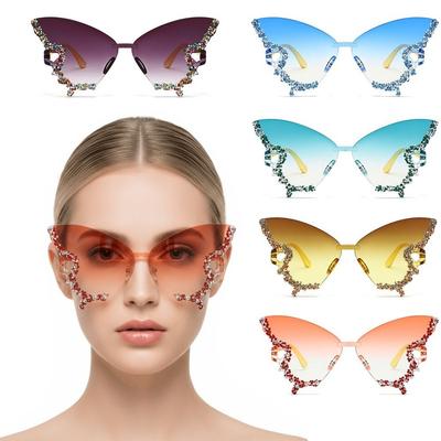 Tint Color Butterfly Sunglasses UV Protection Rimless Frame Cat Eye Sunglasses Flash Style Rhinestones Sunglasses for Women