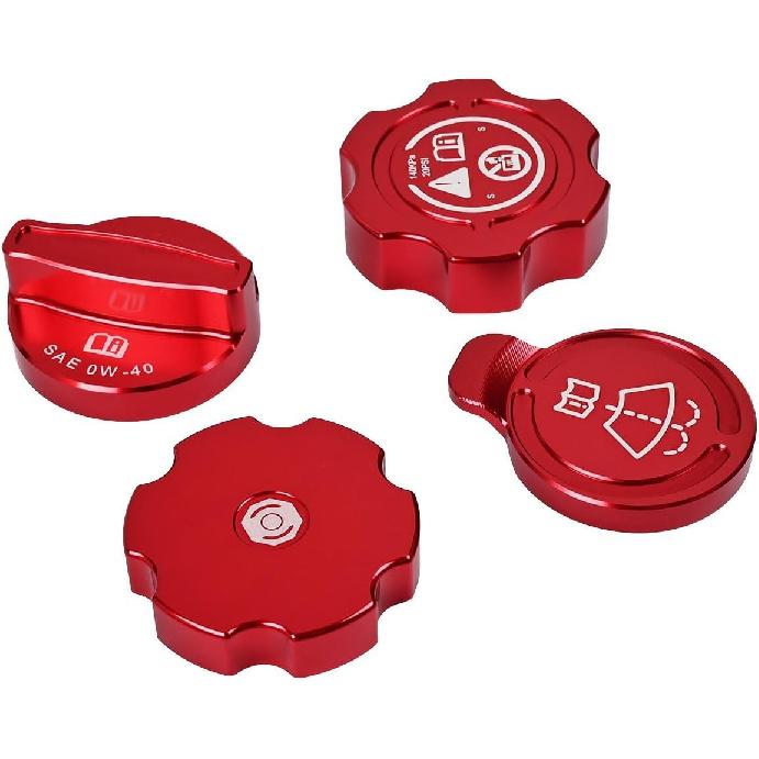 4Pcs Engine Oil Cap Brake Fluid Cap Wiper Washer Cap Radiator Cap Cover Trim Set, Aluminium Alloy Engine Oil Cap Cover Decorative Set Accessories for