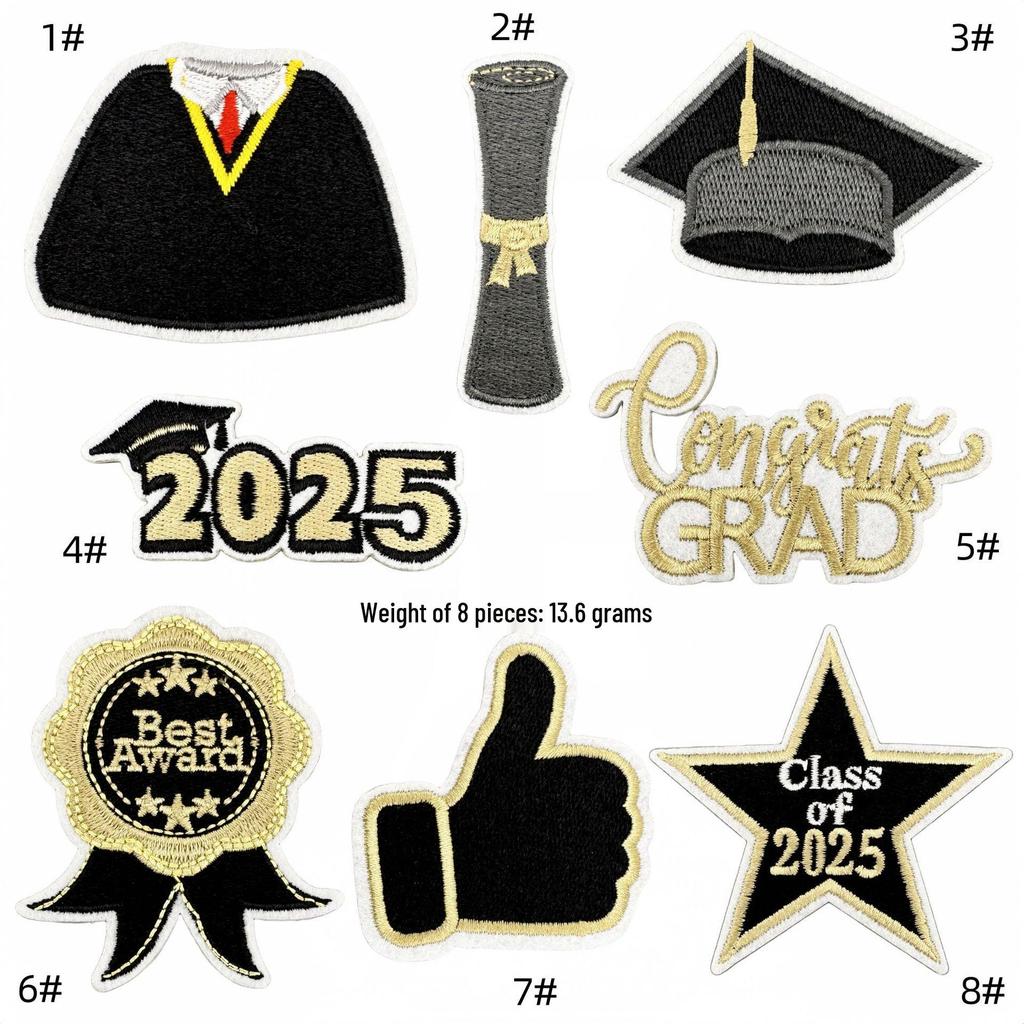 2025 Black Gold Graduation Embroidery Patch - Versatile Style Iron-on Flower