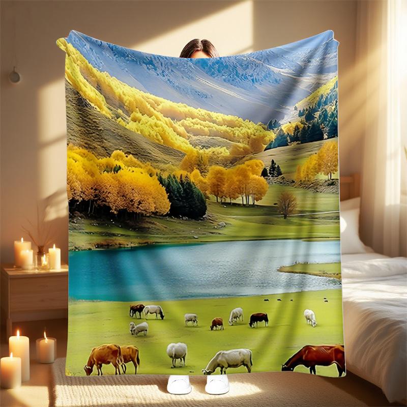 1Pc New Da Vinci Farm Landscape Blanket - All-Season Soft Polyester Throw With Vibrant Autumnal Scenery, Machine Washable