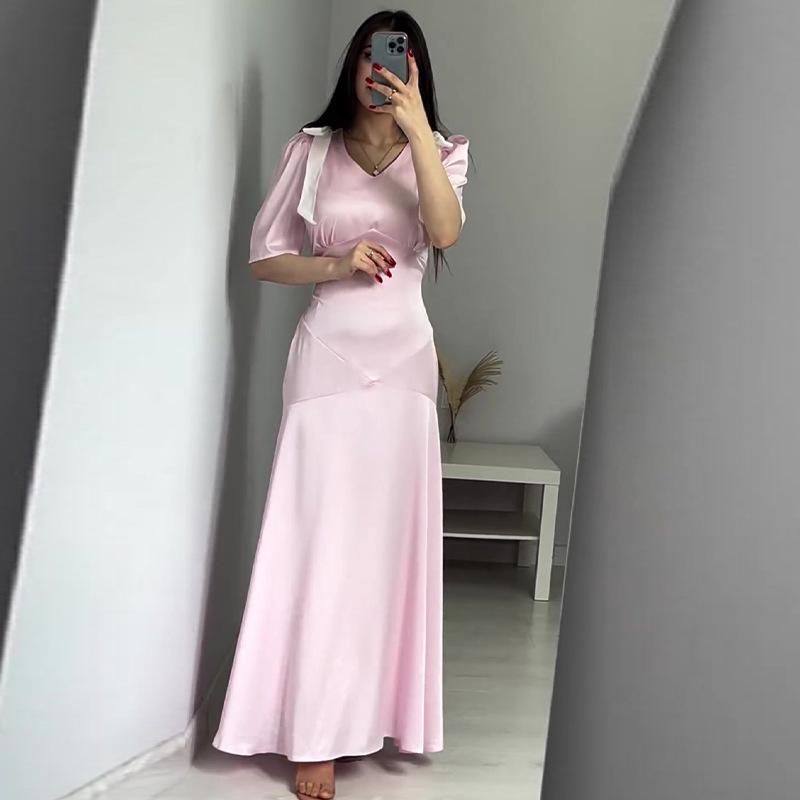 

2024 Летнее Приталенное Французский Стиль Однотонное Милое Длинное Платье XXL розовый