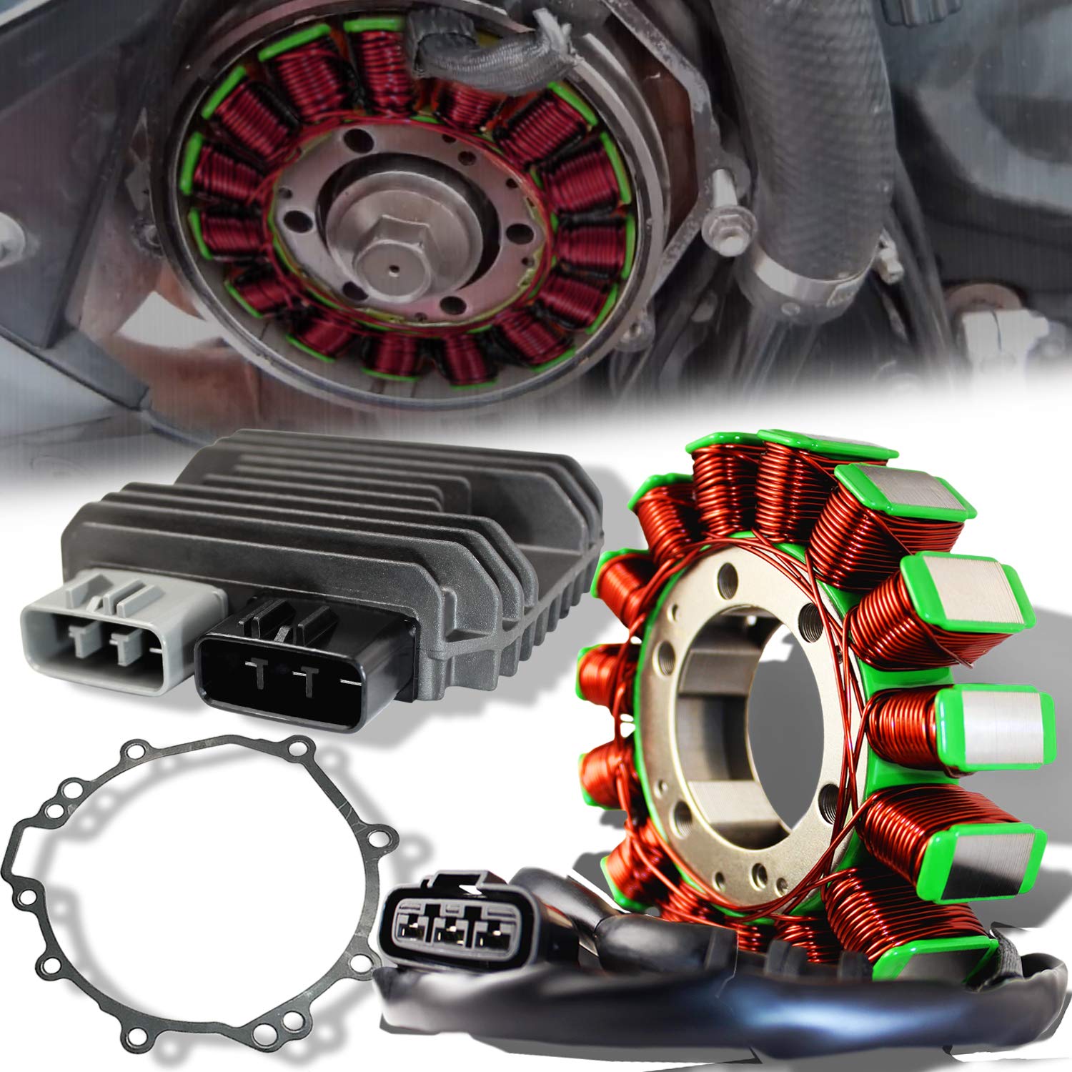 

Magneto Coil Stator+Voltage Rectifier+Gasket For Kawasaki NINJA ZX-10R NINJA ZX-10R ABS 2011- OEM:21003-0107 21066-0028 stator set