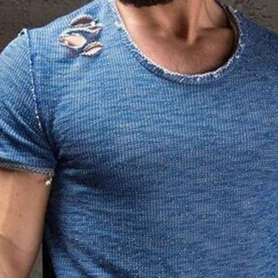 Summer T-shirt Solid Color Short Sleeve Cotton Blend Hole Design Top Pullover for Men T-shirt