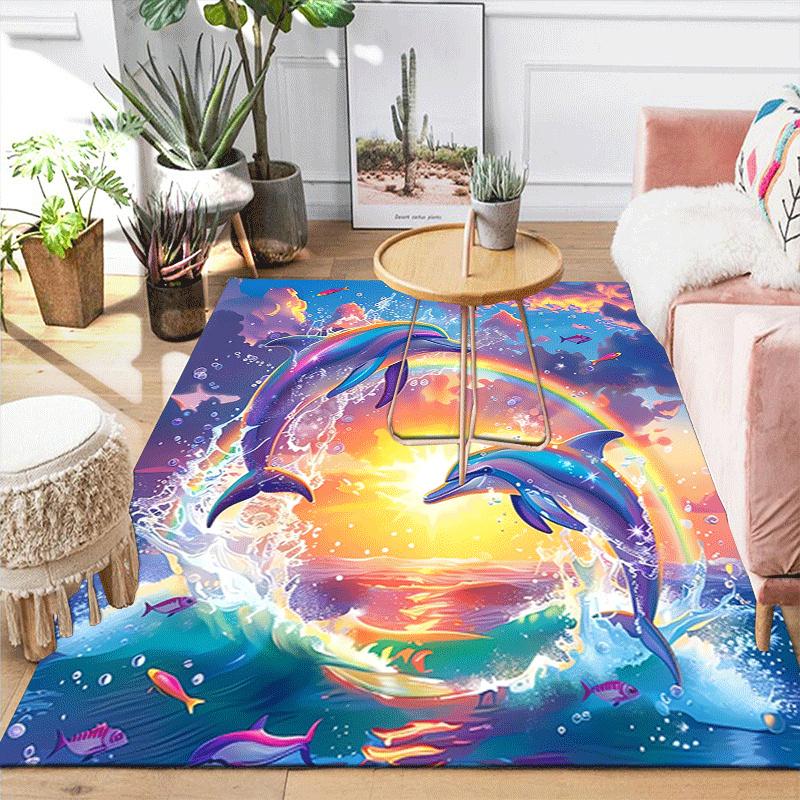 1pc Dolphins and rainbows Design Area Rug - Soft, Anti-Slip, and Durable Gaming Room Decor for Bedroom