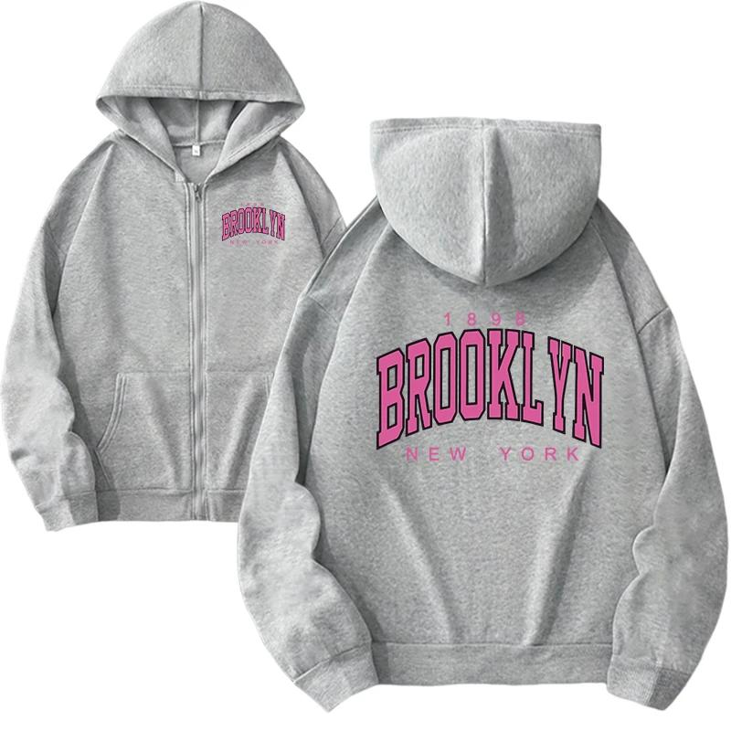 

Женская толстовка с принтом Brooklyn Высококачественная с капюшоном с длинным рукавом на молнии Женские повседневные модные свободные толстовки-пальто S