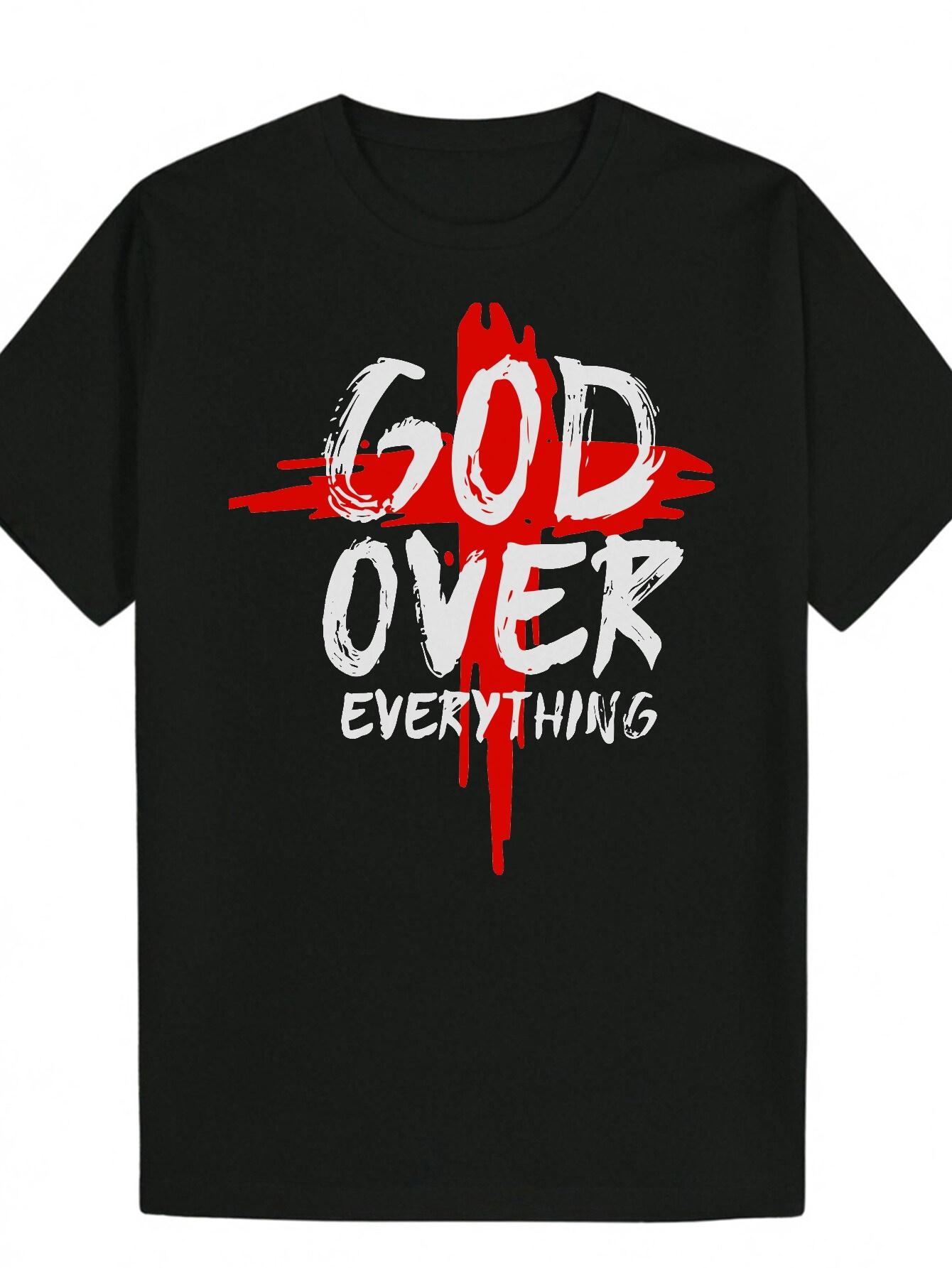 God Over Everything  Graphic T-shirt - Black Casual Summer Tee with Bold Red & White Design XL
