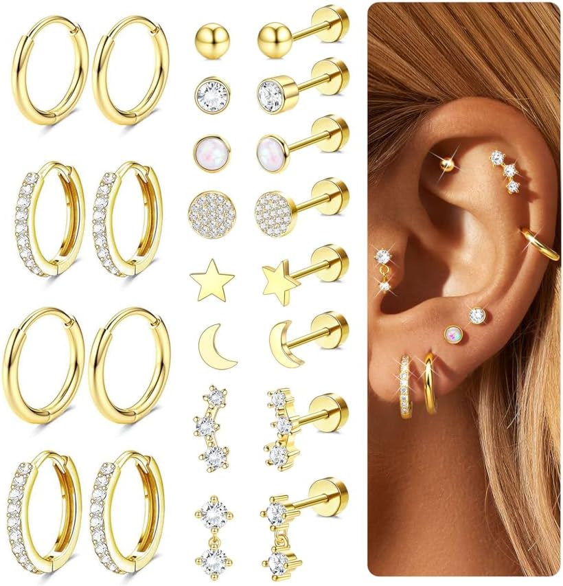Bobisty 12 Paia Orecchini con Dorso Piatto per Donne Acciaio Chirurgico 316L Orecchini a Bottone Cerchi Set da Impilare Gioielli per Piercing Cartilagine Helix