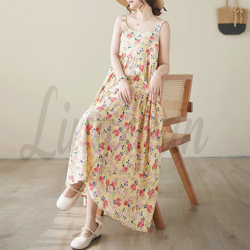 2026 Summer Women s Cotton Linen Printed Patchwork Long Loose Holiday Dress One Size - Large