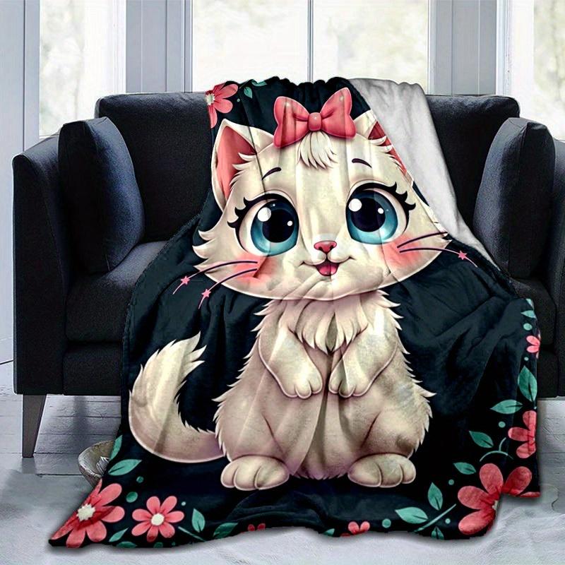 1pc Seasonal Universal Home Decoration Blanket Throw Birthday Gift Cute Cartoon Cat with Pink Bow Flower Frame Room Decorative Coverlet for Couch Bed