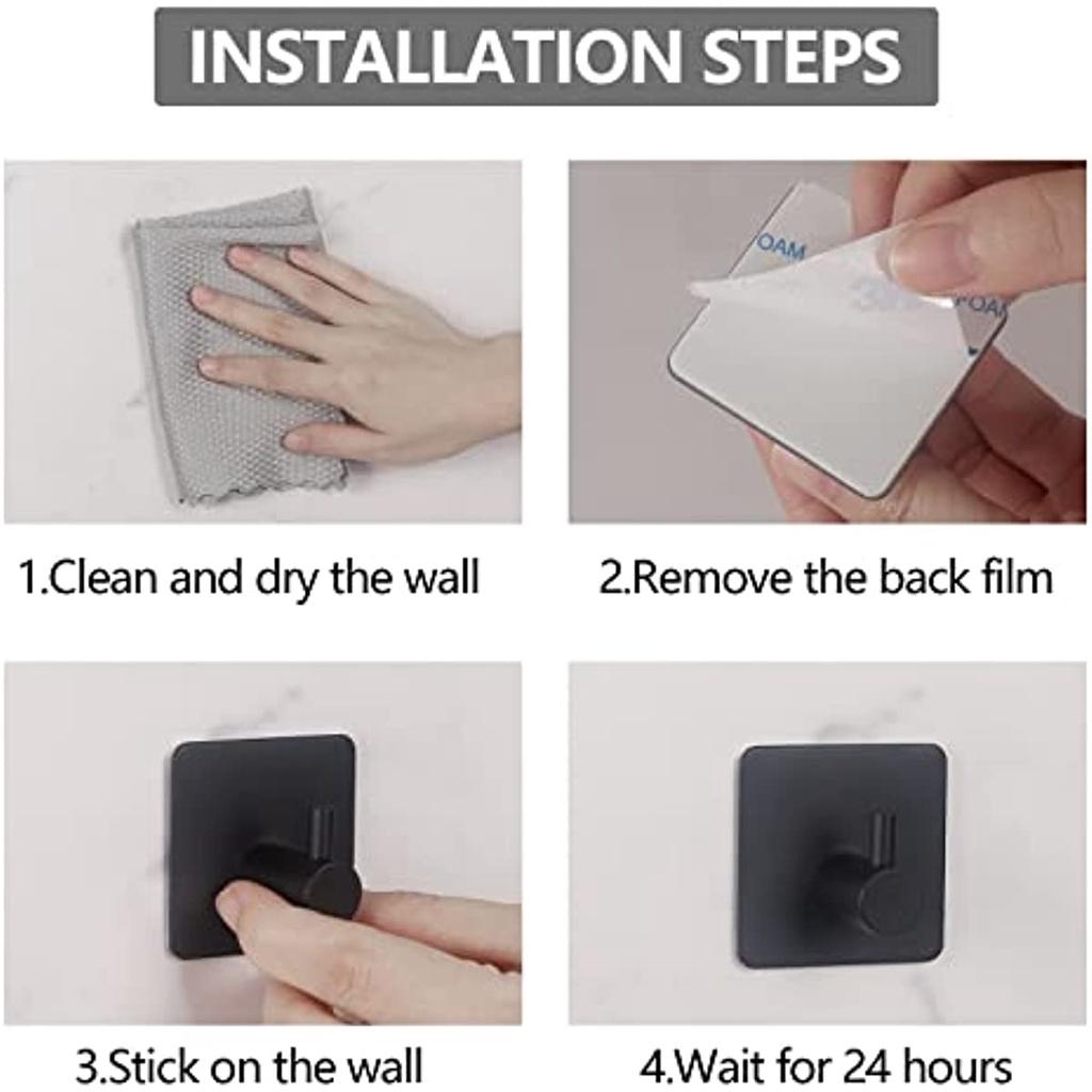 Cârlige adezive 6 bucăți din oțel inoxidabil, cârlige adezive fără burghiu pentru prosoape de bucătărie de baie (Negru)