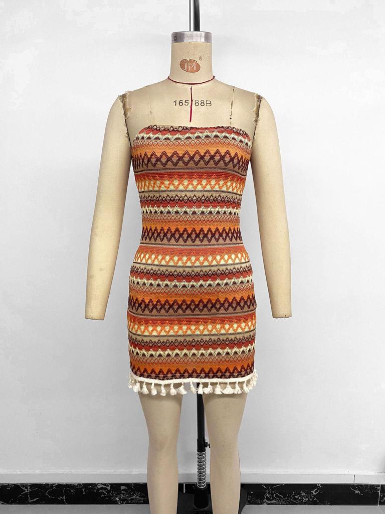 European & American 2026 Ethnic Style Strapless Striped Bodycon Holiday Dress