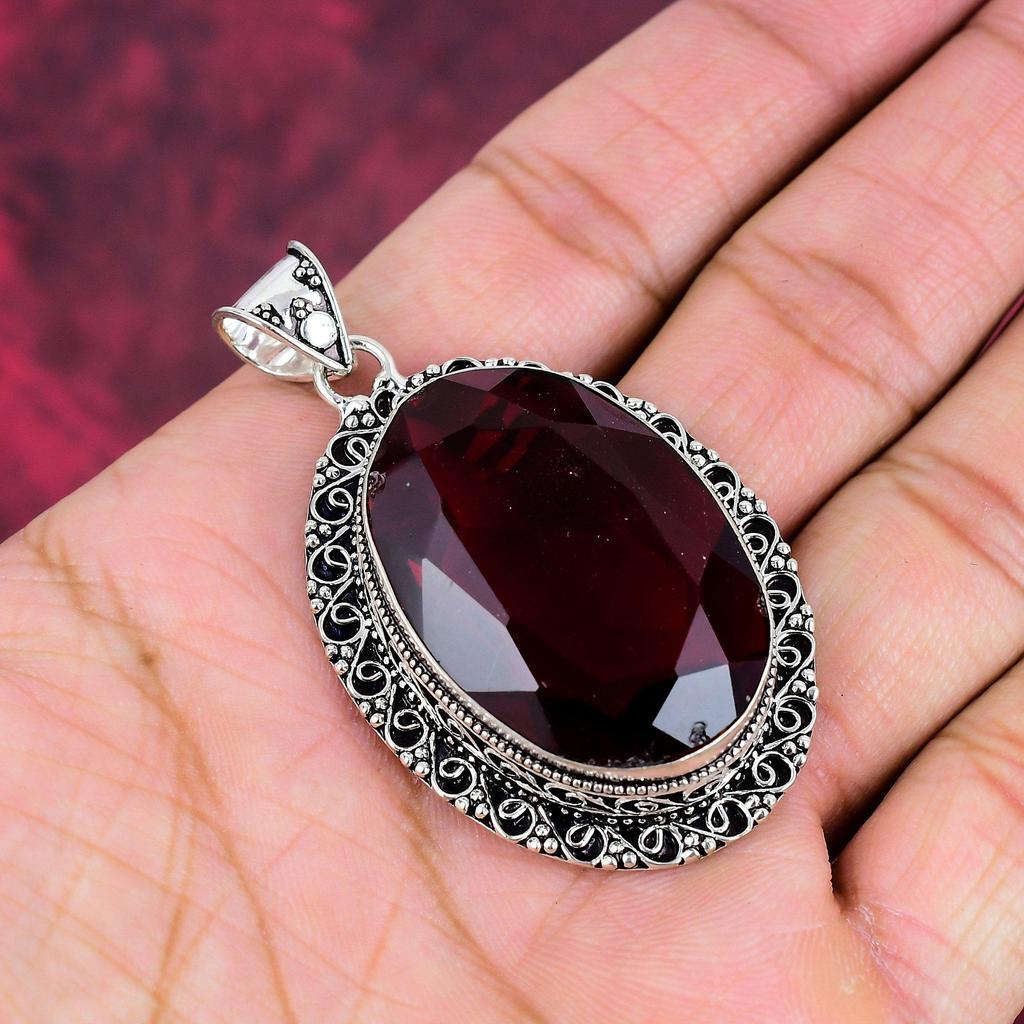 Röd granathänge, 925 ädelstenssmycken i massivt sterlingsilver, handgjorda hänge, till Thanksgiving