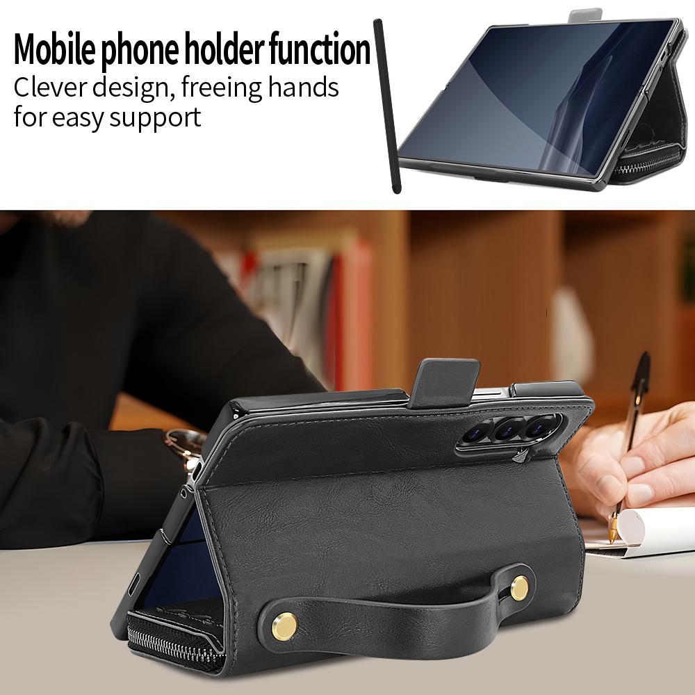 For Samsung Galaxy Z Fold6 5G Case Zipper Pocket Leather Phone Cover with Screen Protector/Stylus Pen