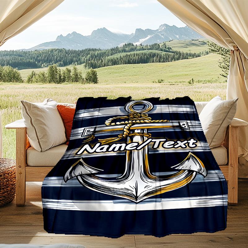 1PC Custom Name Nautical Anchor Outdooor Flannel Blankets Throw Blanket All-Season Throw Gift Bedspread for Couch, Bed, Camping Holiday Birthda