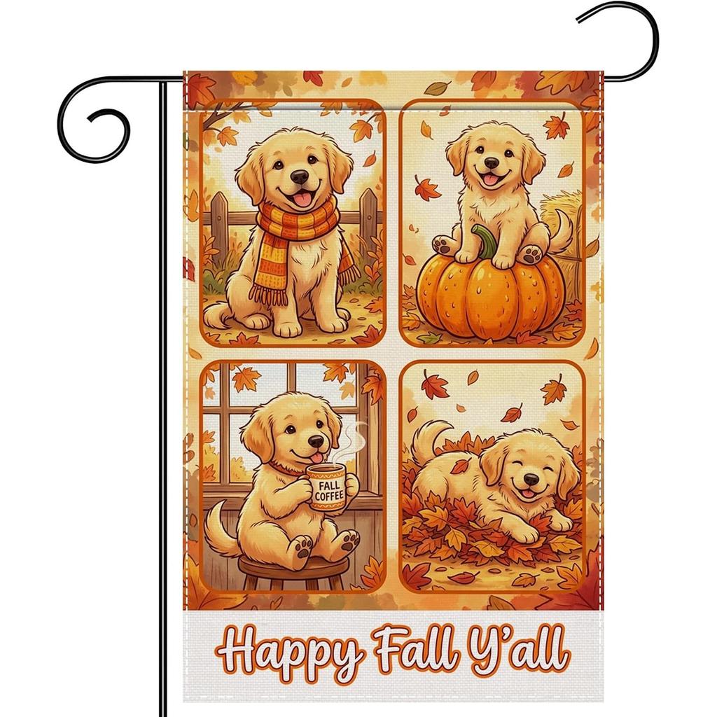 Golden Retriever Happy Fall Y'All Garden Flag Double Sided Polyester Pumpkin Maple Leaves Coffee Dog Decorative Yard Banner for Autumn Thanksgiving O