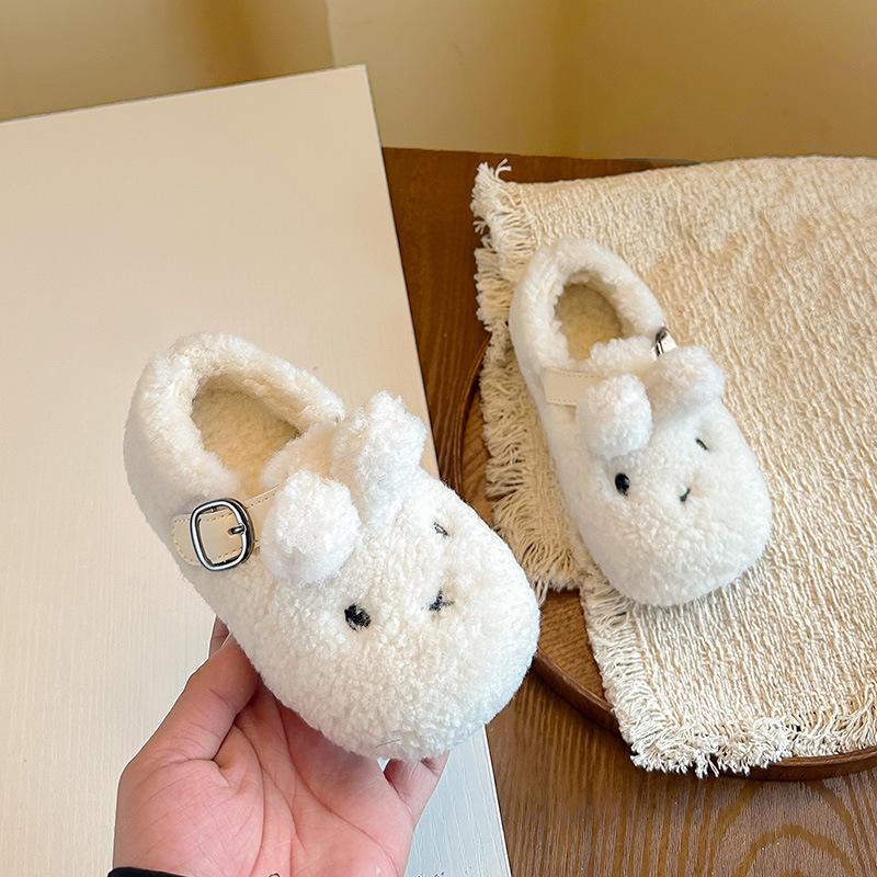 Girls' Rabbit Ear Plush Shoes, New Winter Solid Color Princess Cotton Shoes for Small, Medium, and Large Children, Warm Shoes