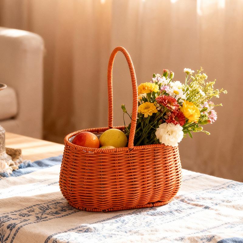 Handheld Woven Rattan Flower and Fruit Basket - Perfect for Shops, Children's Day, Souvenirs, or Postpartum Gifts