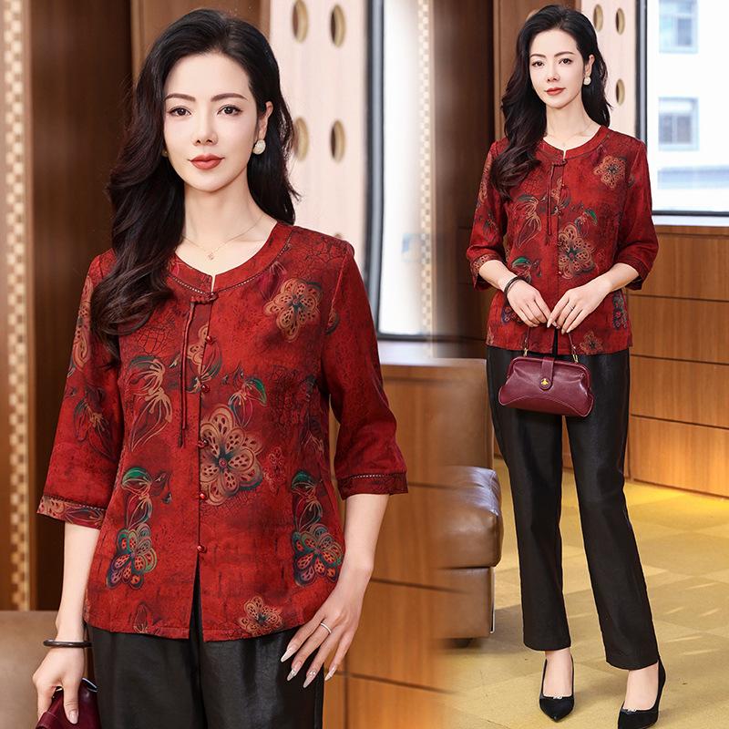 Spring and  new retro flower dill fragrant cloud yarn printed women's top silk shirt casual literary loose and comfortable