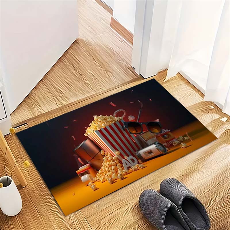Vintage Cinema Popcorn Drink Glasses Print Area Rug Movie Theme Non‑Slip Rectangular Floor Mat Game Room Living Bedroom Home Decor Rug