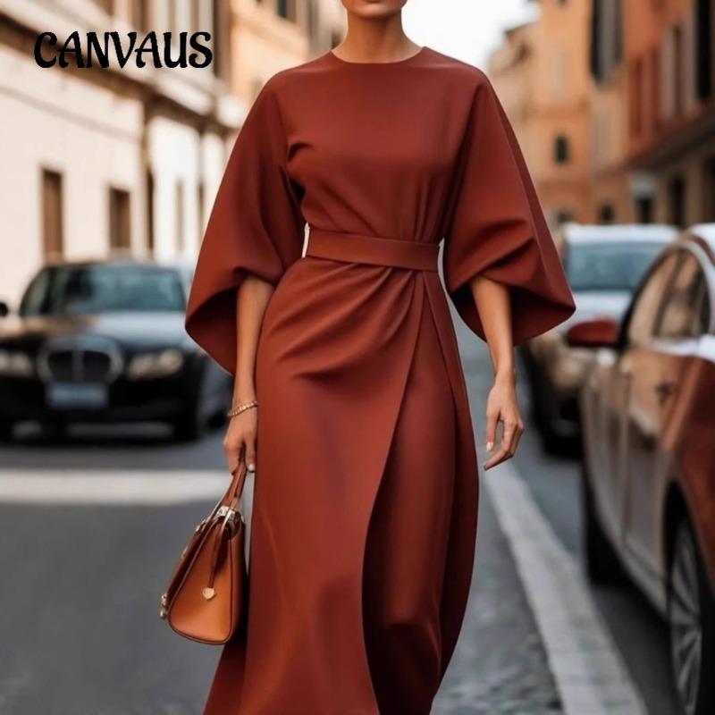 Women's Fashion Elegant and Refined Solid-color Cinched Waist Dress Casual Bat-sleeve Long Dress