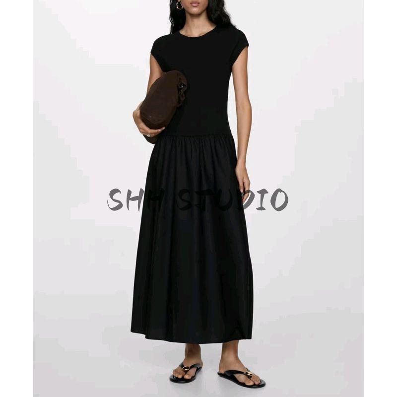 Summer New Arrival Women's Clothing Retro Simple Waist Fitted Round Neck Short Sleeve Pleated Horn Dress 77044073