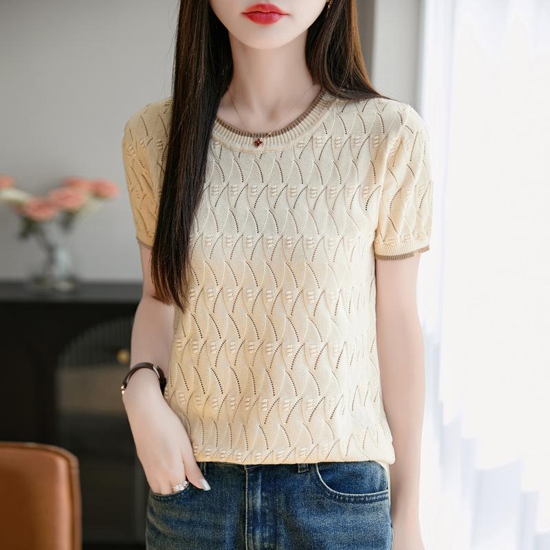 Pure Cotton Round Neck Short-sleeved T-shirt for Women with Versatile Summer New Base Color-blocking Top for Women Hollow