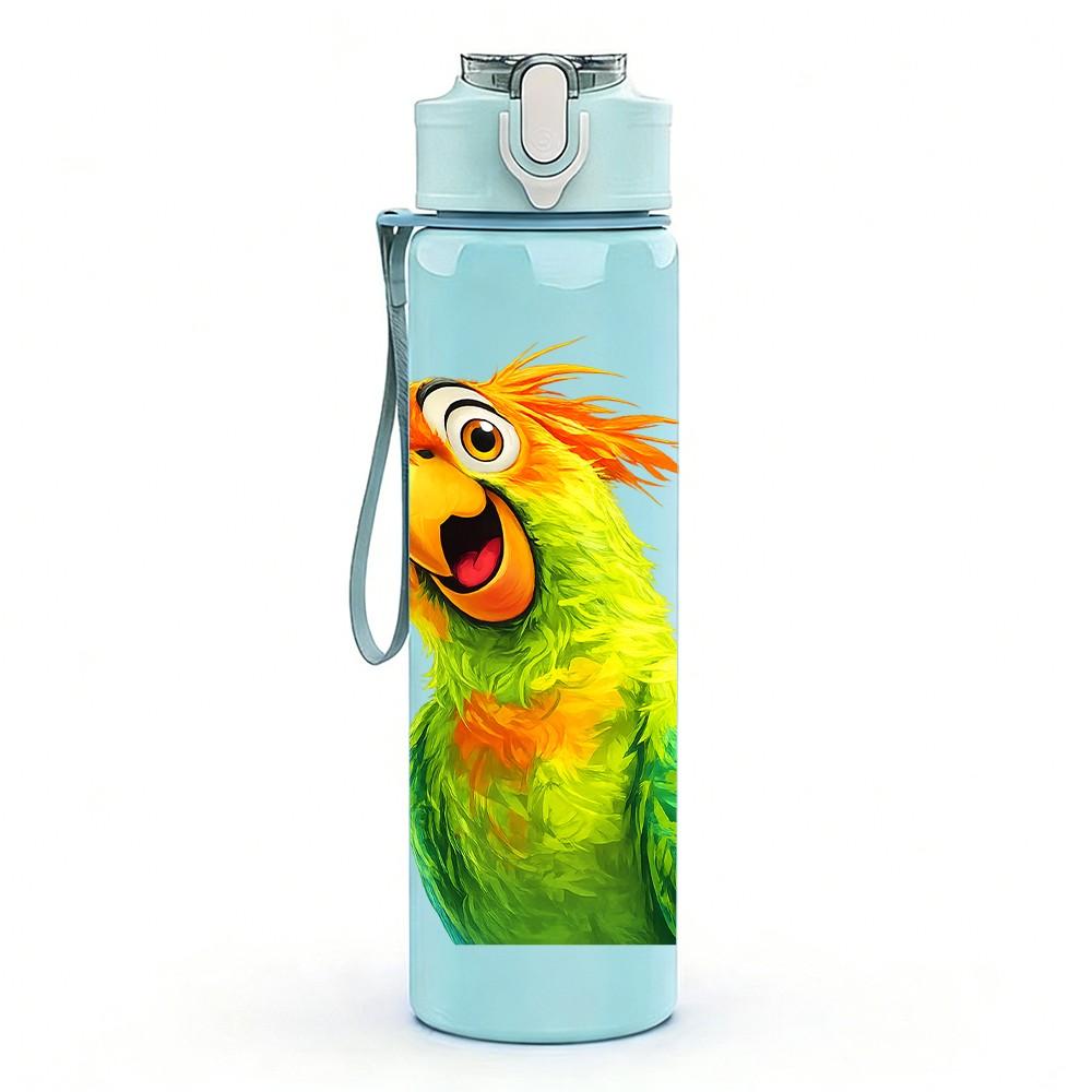 1PC Bright Green Parrot Bird Cartoon Print 750ml Color Plastic Sports Water Bottle Leakproof Flip Straw Lid Suitable for Sports Office Home Use