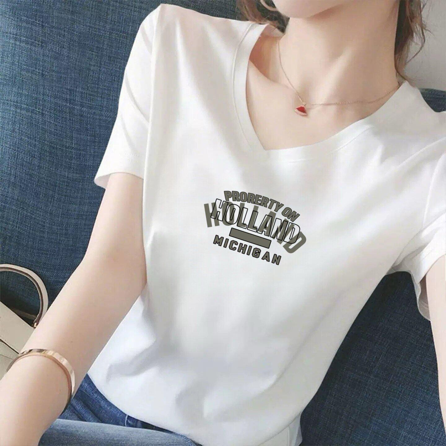 

High-Grade White V-Neck Women s T-Shirt: Letter Print, Fashionable, Versatile, Slimming, Age-Reducing L
