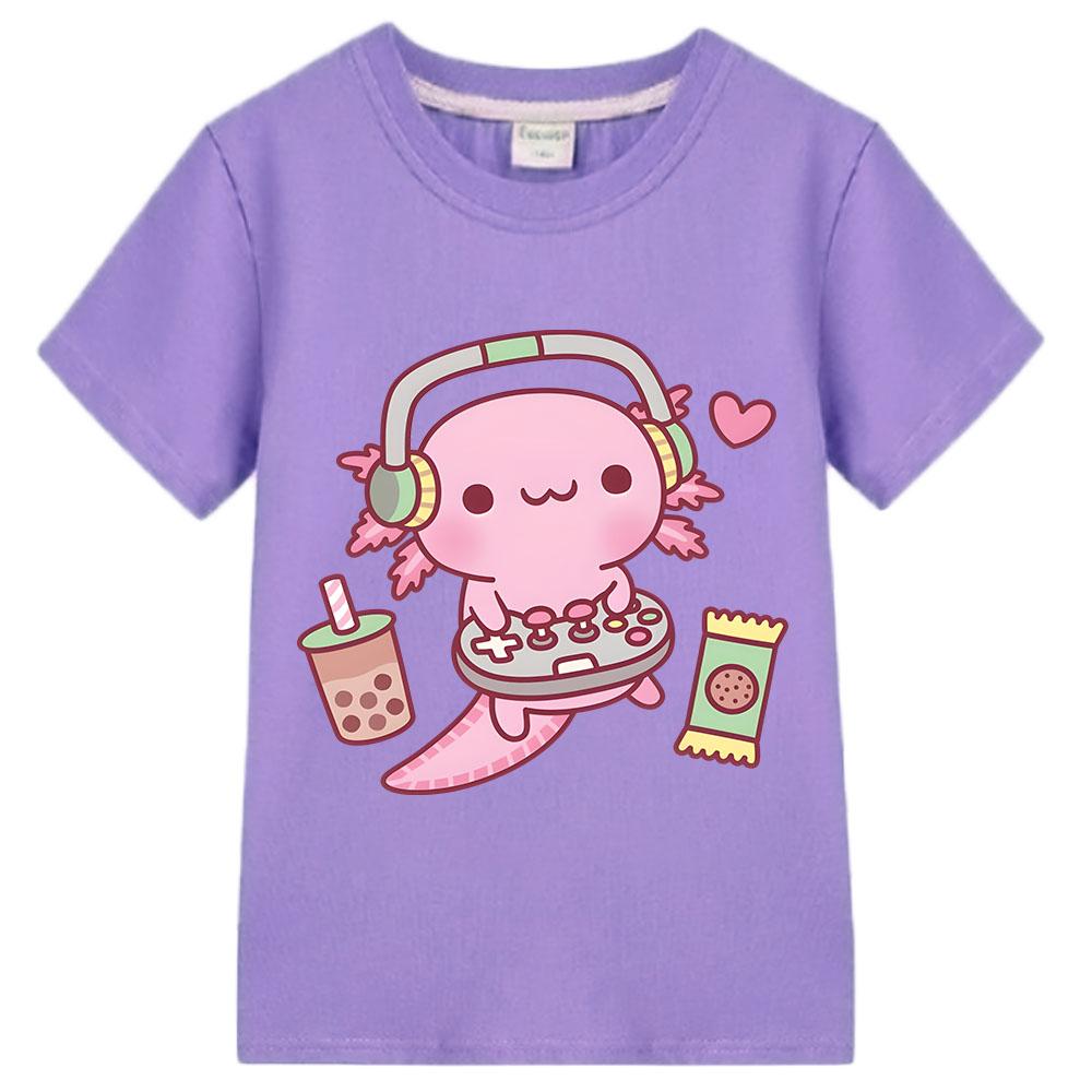 Summer Pink Axolotl Print Love T-Shirt Sports Short Sleeve Top Children's Holiday Gift Cute Style Top