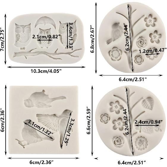 Sijiangmold Bird Silicone Molds Owls Tree Branch Fondant Mold Flower Leaves Silicone Molds For Cake Decorating Candy Chocolate Gum Paste Crafting